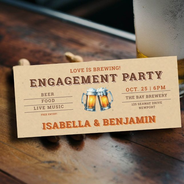 Beer Themed Brewery Ticket Couple Engagement Party Einladung (beer themed engagement party invitation brewery rustic kraft ticket festival)