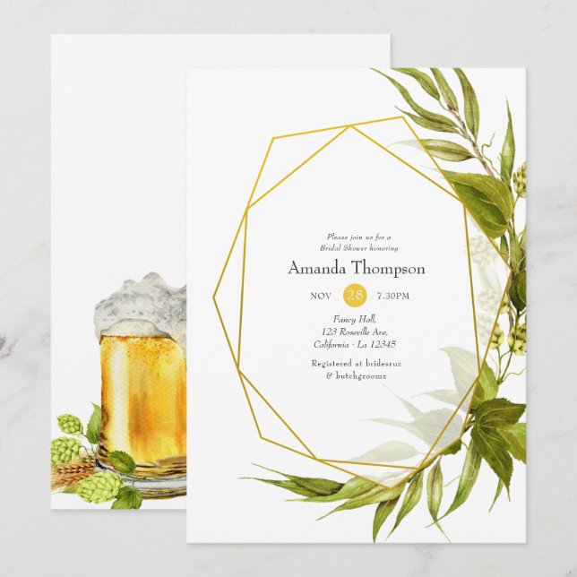 Beer Willow Green und Gold Geometric Brautparty Einladung (Vorne/Hinten)