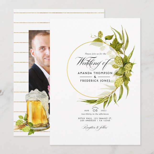 Beer Willow Green und Gold Geometric Wedding Foto Einladung (Vorne/Hinten)