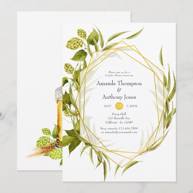Beer Willow Greenery Gold Geometric Couples Dusche Einladung (Vorne/Hinten)