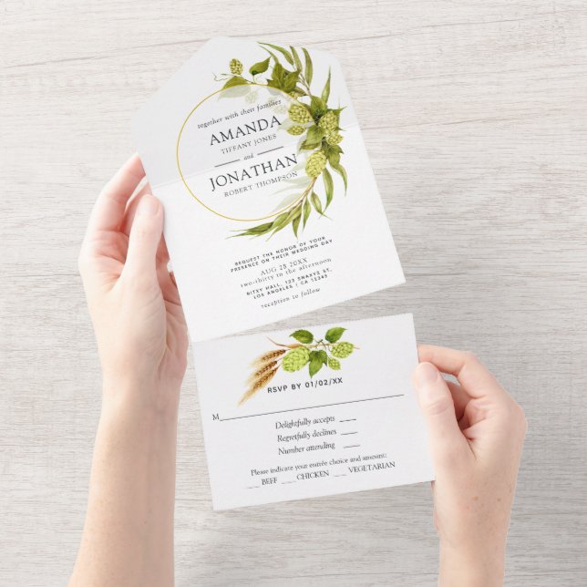 Beer Willow Greenery Gold Geometric Wedding All In One Einladung (Abreißen)
