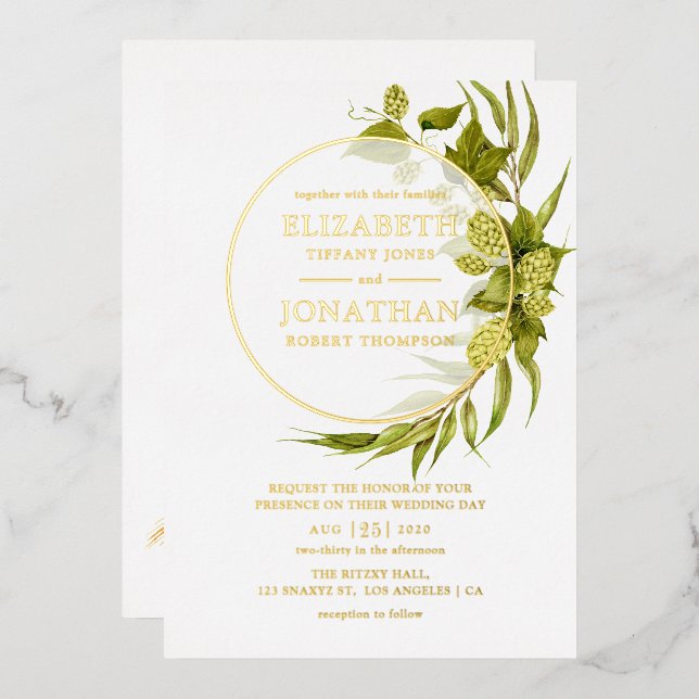 Beer Willow Greenery Gold Geometric Wedding Folieneinladung (Vorderseite/Rückseite)