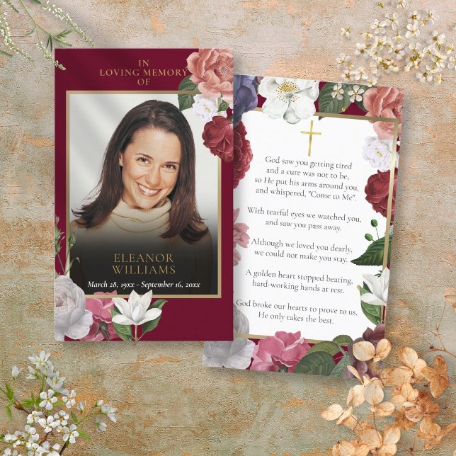 Beerdigung Burgund Foto Gebetskarte Visitenkarte (Funeral Burgundy Floral Photo Prayer Cards)