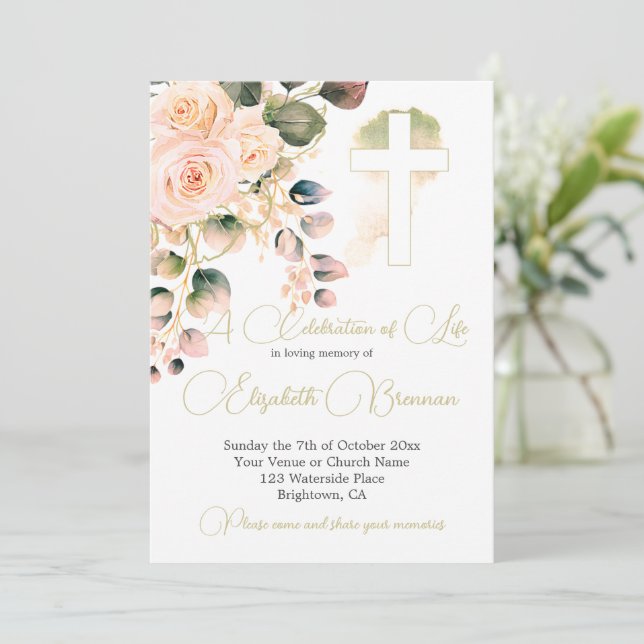 Beerdigung Christlicher Blumen Elegante Rose Einladung (Stehend Vorderseite)