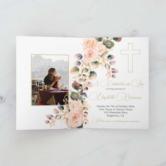 Beerdigung Christliches Foto Elegante Rose Einladu Dankeskarte (Innenseite)