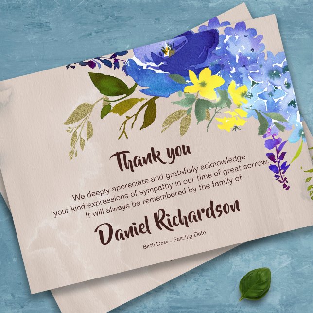 Beerdigung Dankeschön Karten | Aquarellfarbene Blu (Watercolor floral in blue bereavement Memorial Sympathy Funeral Thank You Card)