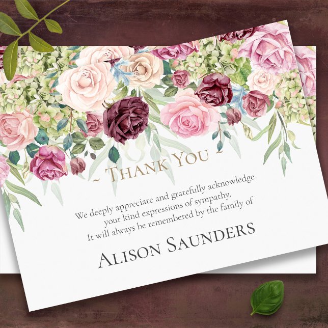 Beerdigung Dankeschön Karten | Aquarellgarten Rose (Sympathy Roses in shades of pink Memorial Bereavement Funeral Thank You Card)