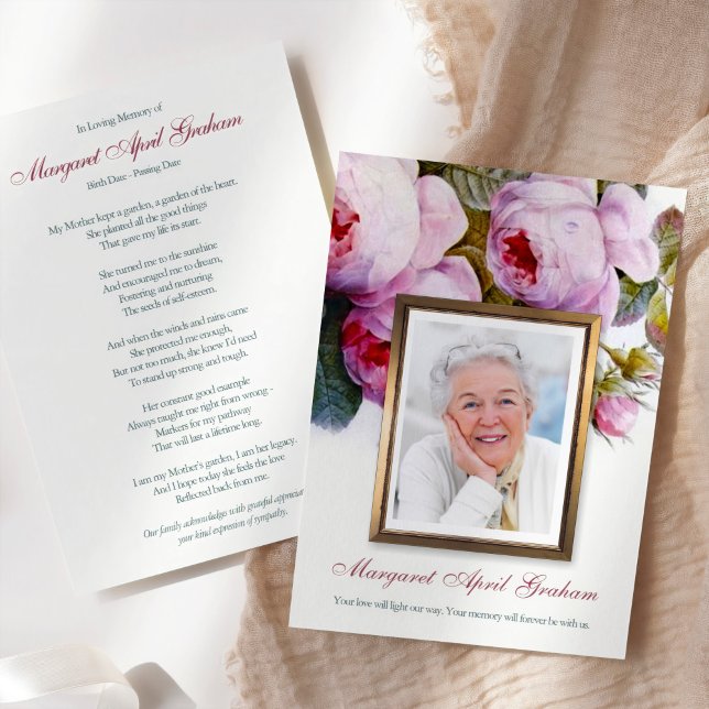 Beerdigung Dankeschön Karten | Floralrosa (Bereavement Sympathy Botanical Florals in Pink Memorial Funeral Thank You Card with Photo)