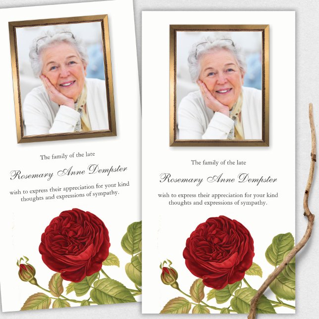 Beerdigung Dankeschön Karten | Rote Rose und Foto (funeral thank you cards, bereavement, elegant, simple, celebration of life, sympathy card)