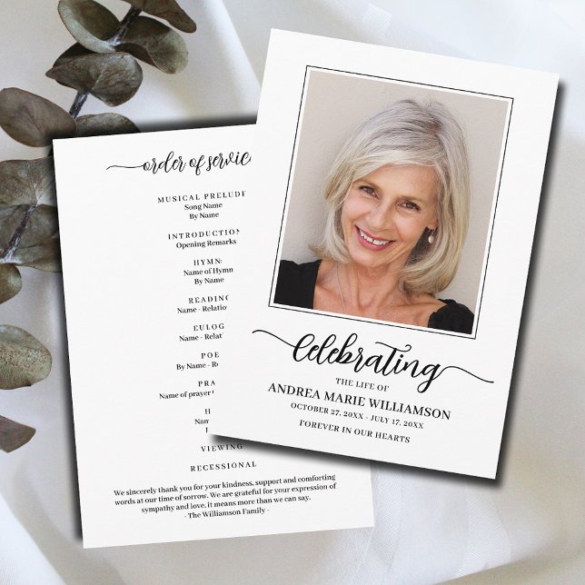 Beerdigung der Lebensfeier Foto Flat Programm (Modern funeral Celebration of Life Program, your photo on the front, Order of Service on the back)