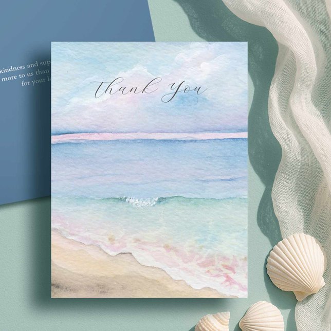 Beerdigung der Wasserfarbenwelt Danke an die Karte (Funeral thank you cards features watercolor shoreline art by Victoria Grigaliunas of Do Tell A Belle)