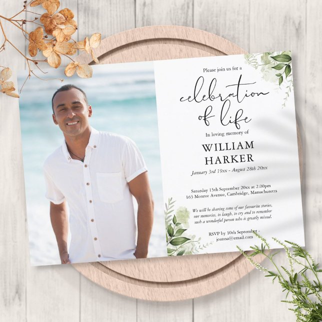 Beerdigung des Fotos "Lebensgrün" Einladung (Celebration of Life Greenery Funeral Photo Invitation)