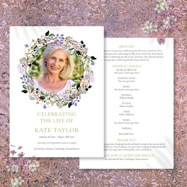 Beerdigung des Fotos von Lavendel Programm (Lavender Floral Photo Funeral Order Of Service Program)