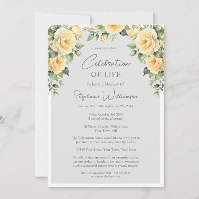 Beerdigung des Lebens 4 Foto Gelbe Rose Beerdigung Einladung (Vorderseite)