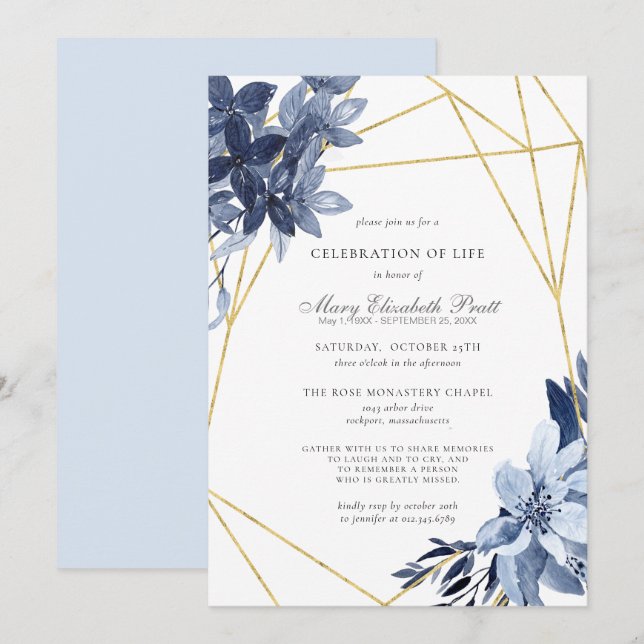 Beerdigung des Lebens Beerdigung Dusty Blue Floral Einladung (Vorne/Hinten)