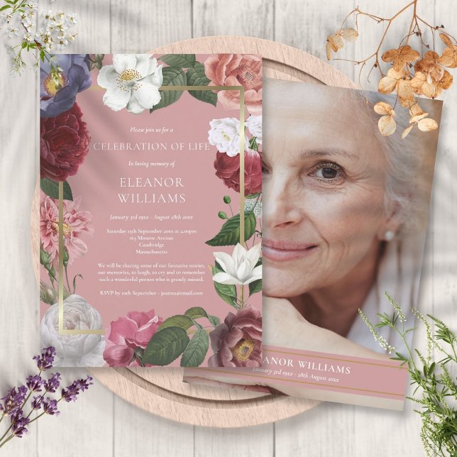 Beerdigung des Lebens Beerdigung Rosa Rose Foto Einladung (Celebration of Life Funeral Pink Rose Floral Photo Invitation)