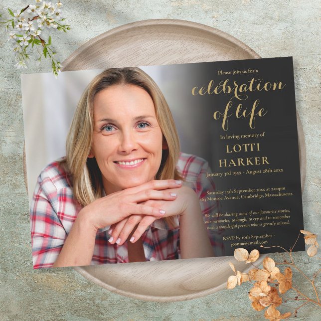 Beerdigung des Lebens Elegantes Foto Einladung (Funeral Celebration of Life Elegant Gold Photo Invitation)