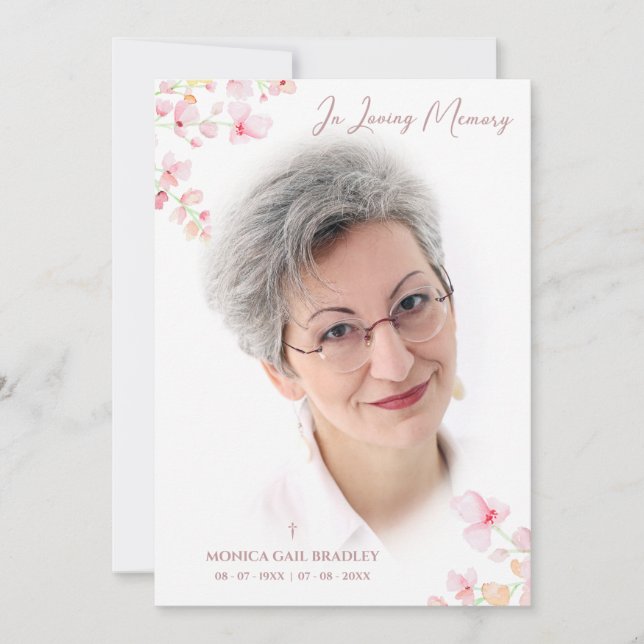 Beerdigung Fake Rose Gold Foto Rosa Blumenzweige Einladung (Vorderseite)