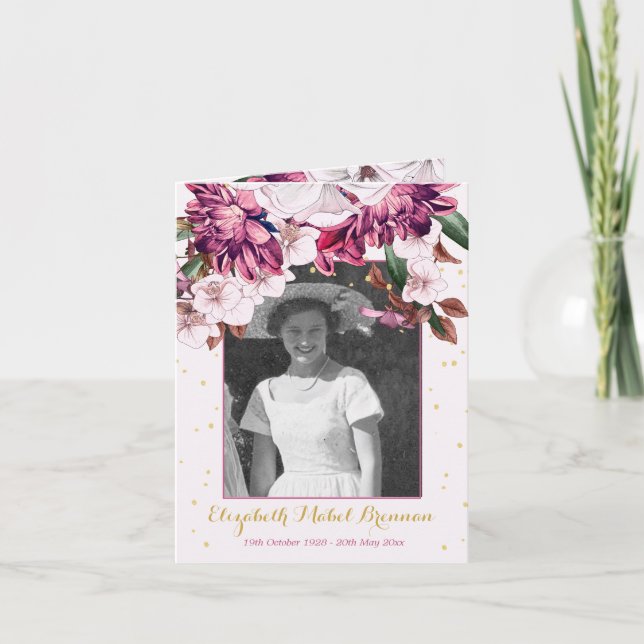 Beerdigung Foto Burgund Blumen Elegante Einladung (Vorderseite)