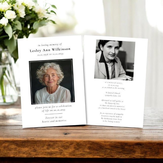 Beerdigung Gedenkfeier Beileid Feier des Lebens Einladung (modern simple minimalistic funeral memorial invitation with two photos for a treasured keepsake)