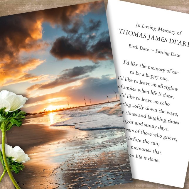 Beerdigung Gedenkstätte Strand Gebet Sympathiekart Visitenkarte (sunset, sunrise, beach, celebration of life, in loving memory of, prayer cards for bereavement)
