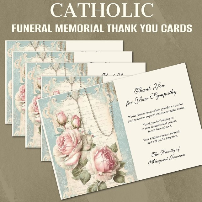 Beerdigung Katholische Gedenkstätte Rosary und Ros Dankeskarte (Traditional Catholic Funeral Memorial Cards with the Holy Rosary and Roses)