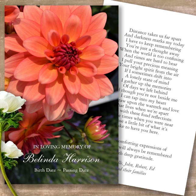 Beerdigung Loss Orange Dahlia Gebet Sympathiekarte (Forever in our hearts, celebration of life, in loving memory of, prayer cards for bereavement)