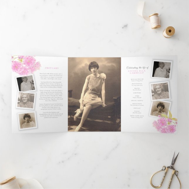 Beerdigung Service-Programm rosa Blüte Foto 6pp Dreifach-gefaltete Programmkarte (Innenseite)