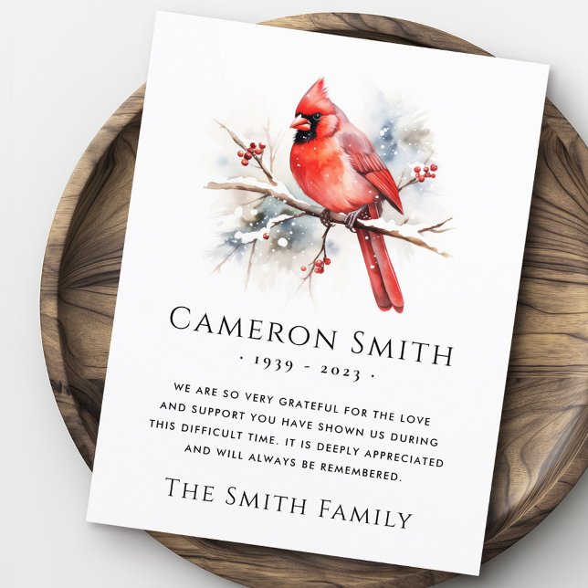 Beerdigung von Kardinälen mit Rotem Beileid Dankeskarte (Red watercolor cardinal funeral sympathy thank you card)