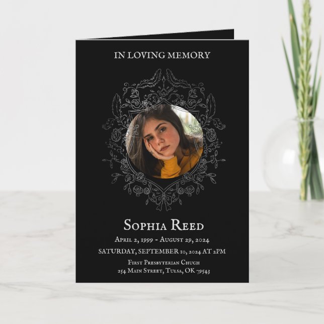 Beerdigungsprogramm Foto im barocken Kranz Dankeskarte (Vorderseite)