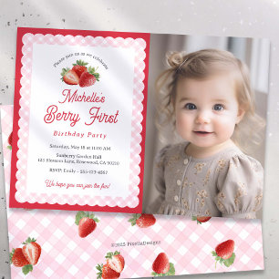 Beeren süß-Erdbeer-Rosa Gingham-Foto Einladung