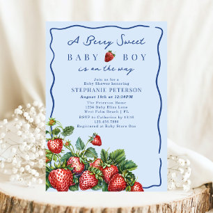 Beeren süße Erdbeersommer Blau Jungen Baby Shower Einladung