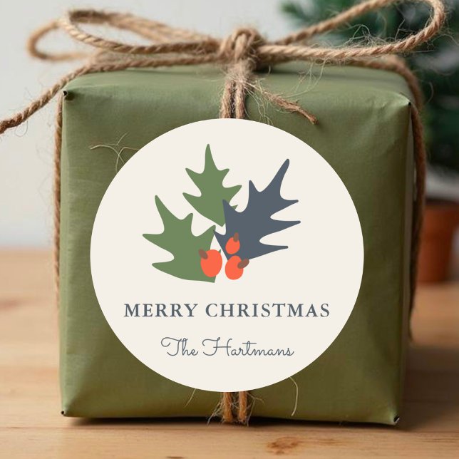 Beeren und Blätter Personalisierte Weihnachtsklebe Runder Aufkleber (Von Creator hochgeladen)