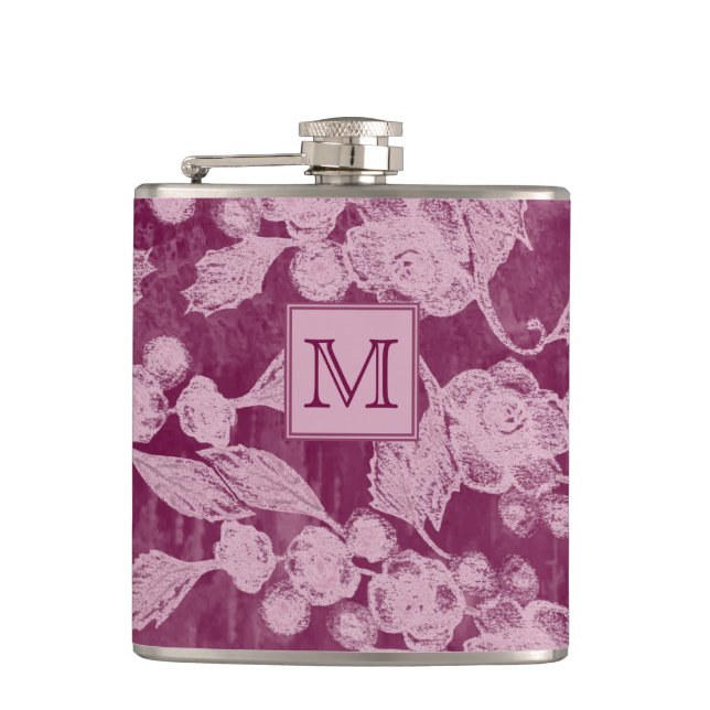 Beeren und Blüten Lila Blumenmonogramm Flachmann (Vorderseite)