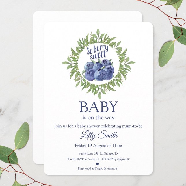 Beerensüße Babydusche Einladung Heidelbeeren (Blueberry elegant and simple baby shower invitation)