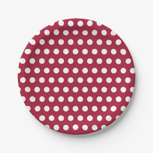 Beerrote Weiß gepunktete Musterdesign Pappteller (Vorderseite)