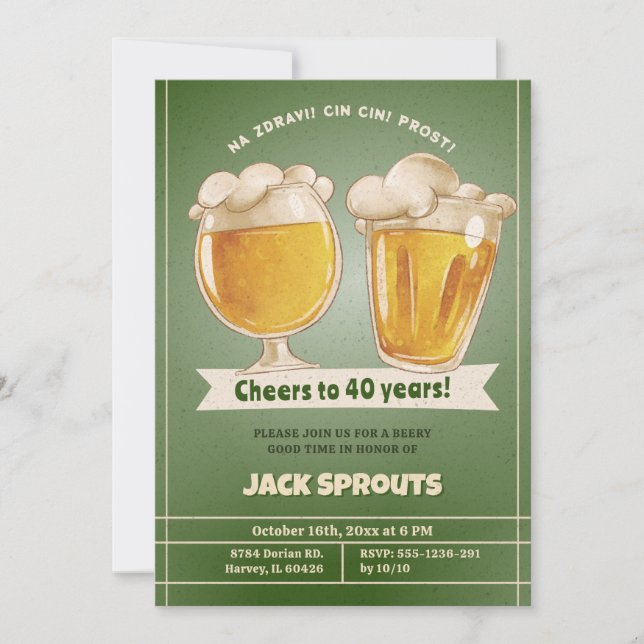 Beers to 40 Years Mens Adult Birthday Party Einladung (Vorderseite)
