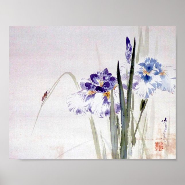 Beetle Climbing am Iris Leaf, Watanabe Seitei Poster (Vorne)