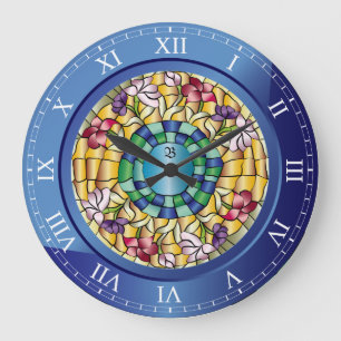 Beflecktes Glas-Monogramm-bunte Juwel-Blumen Große Wanduhr