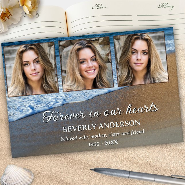 Begehung des Fotos zum Gedenken an das Leben Gästebuch (Celebration of life guest book featuring 3 custom photos framed by waves rolling on the beach)