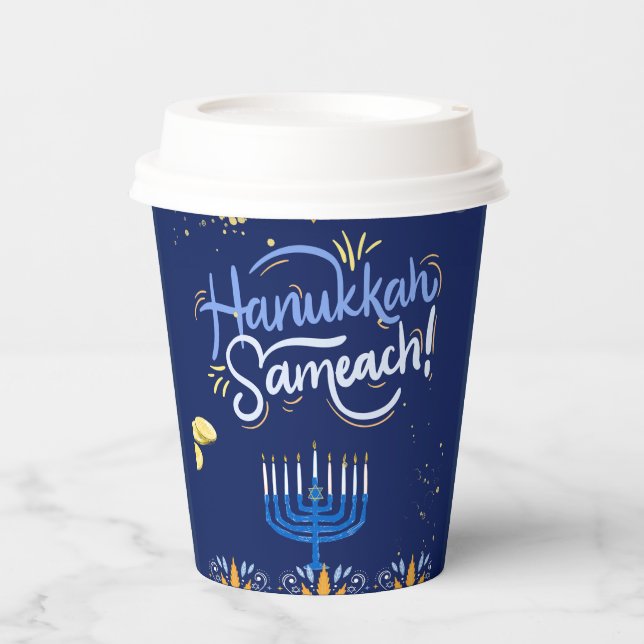 Begleiten Sie uns zu einer fröhlichen Hanukkah-Fei Pappbecher (Vorderseite)