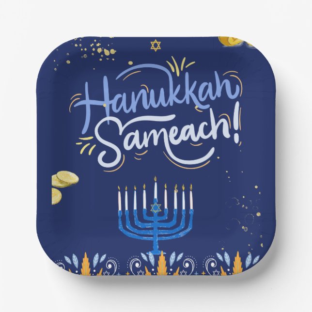Begleiten Sie uns zu einer fröhlichen Hanukkah-Fei Pappteller (Vorderseite)