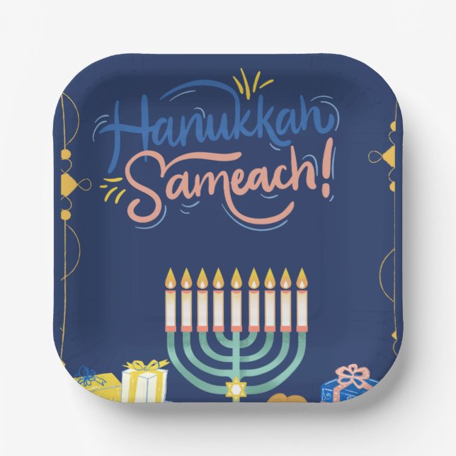 Begleiten Sie uns zu einer fröhlichen Hanukkah-Fei Pappteller (Vorderseite)