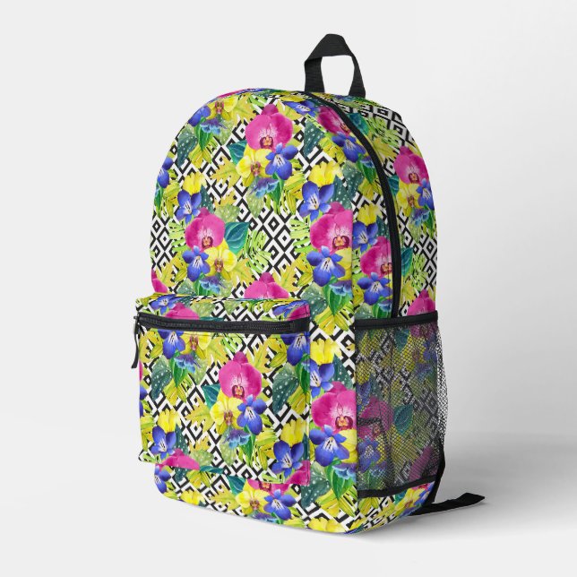 Begonia-Orchidee und Palme-Blätter Bedruckter Rucksack (Rückseitige Ecke Rechts)
