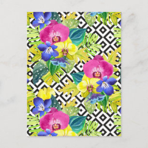 Begonia-Orchidee und Palme-Blätter Postkarte