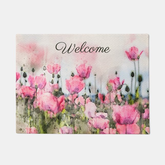 Begrüßen Sie die Blume Floral Aquarell Pink Poppy Fußmatte (Vorderseite)