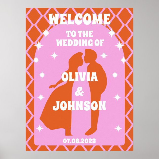 Begrüßen Sie die fröhliche rosa Orange Retro Boho  Poster (Vorne)