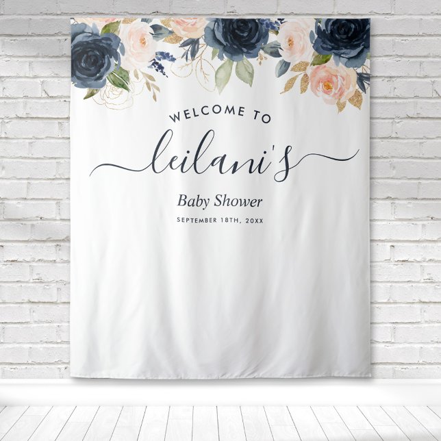 Begrüßung Baby Dusche Navy Pink Floral Botanical Wandteppich (Blue and Pink floral botanical baby shower welcome tapestry great for photo ops and backdrops.)