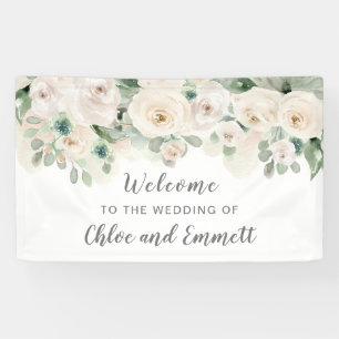 Begrüßung bei einer Hochzeit mit weißer Rosenstraß Banner