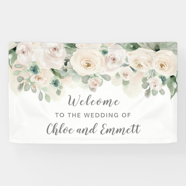 Begrüßung bei einer Hochzeit mit weißer Rosenstraß Banner (Horizontal)